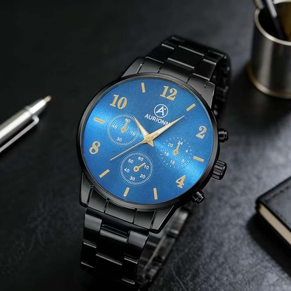 Aurionn Men Quartz Watch Blue Dial Stainless Steel Black